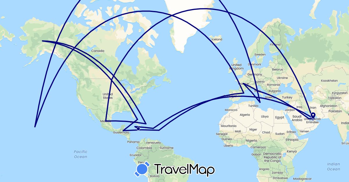 TravelMap itinerary: driving in United Arab Emirates, Antigua and Barbuda, Bahamas, Belize, Spain, France, Italy, Jamaica, Cayman Islands, Malta, Mexico, Qatar, Turks and Caicos Islands, United States (Asia, Europe, North America)